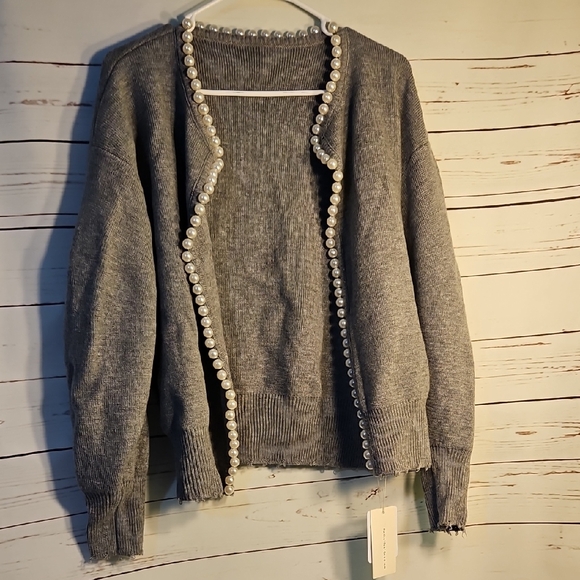 Commense  Gray Cardigan Sweater with Pearl Embellishment, Open Front Knit Top,XL - Picture 1 of 11
